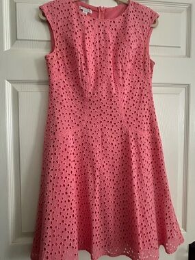 London Times Coral Eyelet Midi Dress with Cap Sleeves